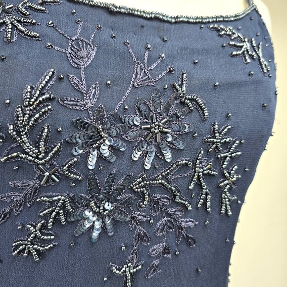 Vintage Adrianna Papell Navy Blue Silk Beaded Long Formal Ball Gown Prom Dress - Picture 4 of 11